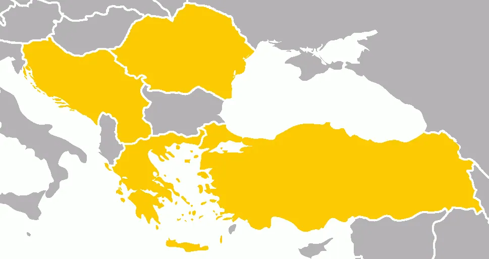Balkan Antantı üyesi ülkeleri gösteren harita