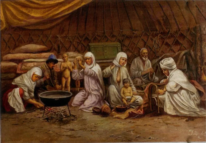 Bir Kazak çadırının (otağ) içinde oturan insanlar