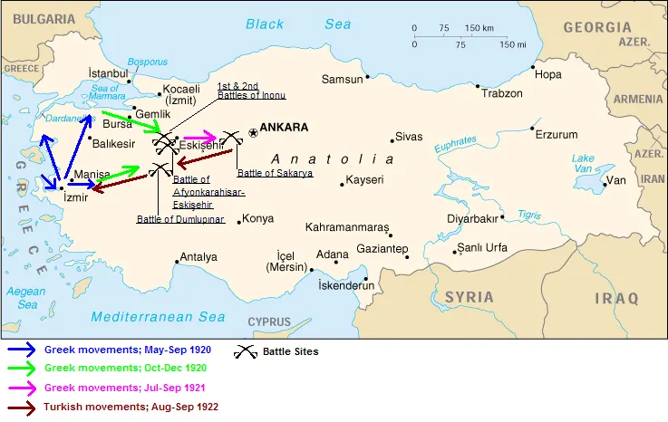 Anadolu'da Türk ve Yunan birliklerinin hareketlerini ve savaş alanlarını gösteren harita