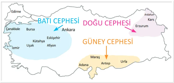 Kurtuluş Savaşı'nda Doğu, Güney ve Batı cephelerini gösteren Anadolu haritası