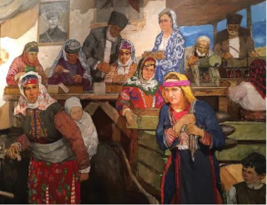 Yöresel giysili Anadolu kadınlarını ve erkekleri bir arada gösteren Millî Mücadele konulu yağlı boya tablo