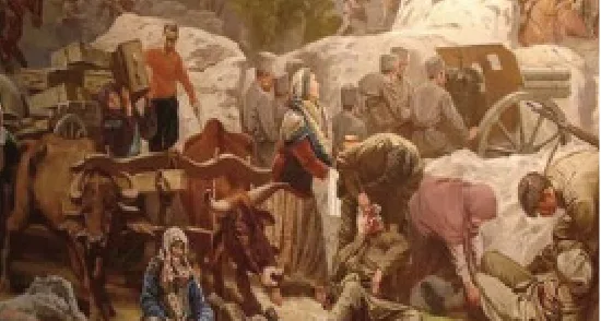 Öküzlerin çektiği kağnılarla yük taşıyan halkı gösteren Millî Mücadele konulu yağlı boya tablo