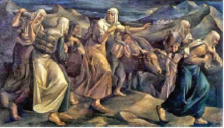 Dağlık bir yolda sırtında yük taşıyan kadınları ve çocukları gösteren Millî Mücadele konulu yağlı boya tablo