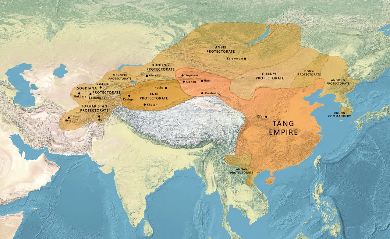 Tang Çin İmparatorluğu ve Orta Asya'daki egemenlik alanı (y. 660)